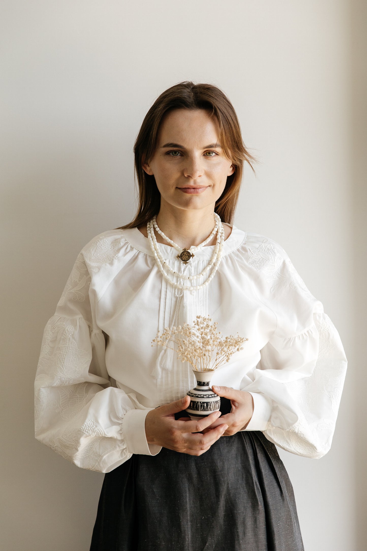 Three-Strand Mother-of-Pearl Necklace “Siaivo” — White Ukrainian Necklace with Dukach Pendant