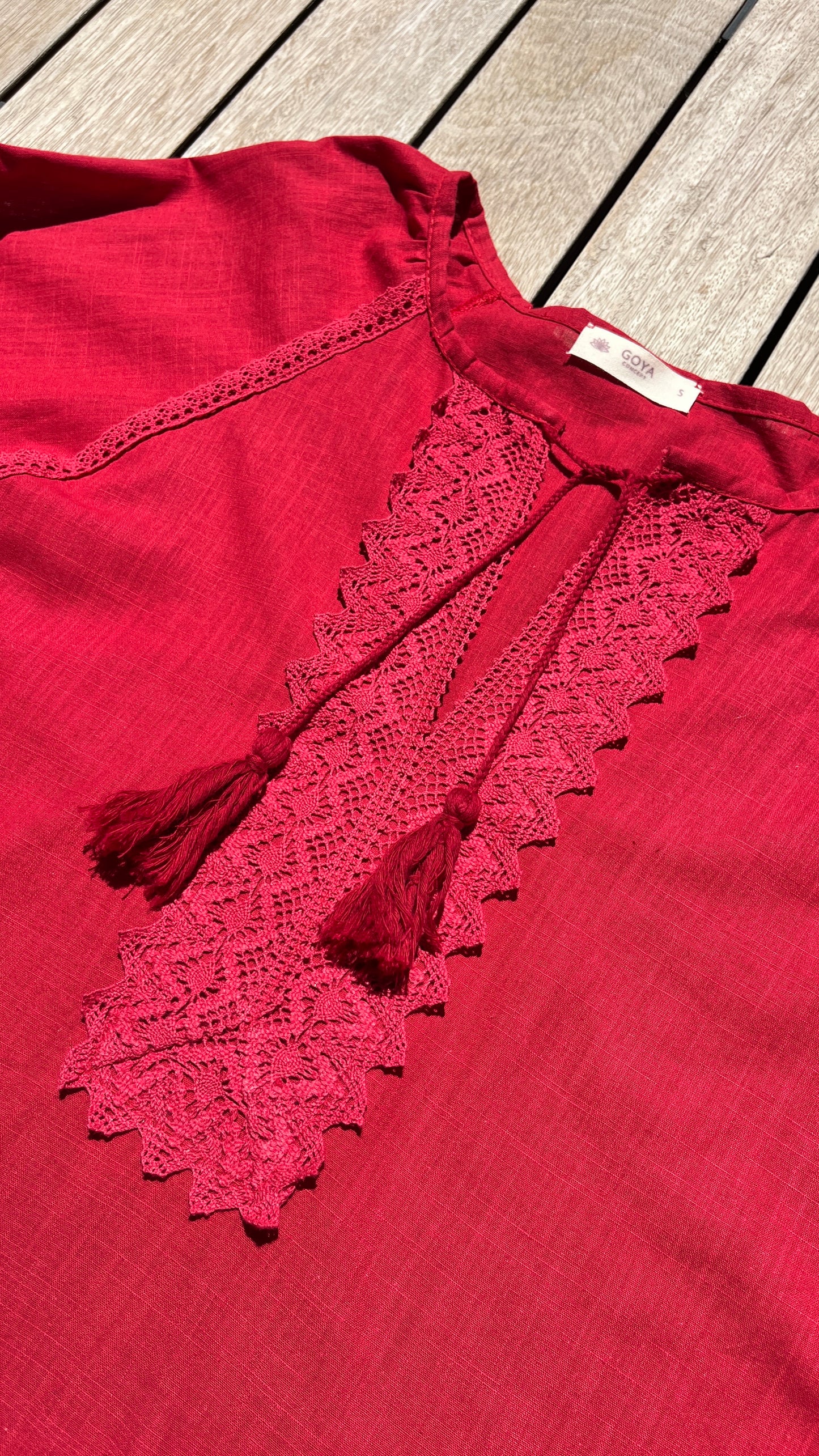 Cherry Linen & Cotton Blouse with Lace Front Detail | Goya Concept