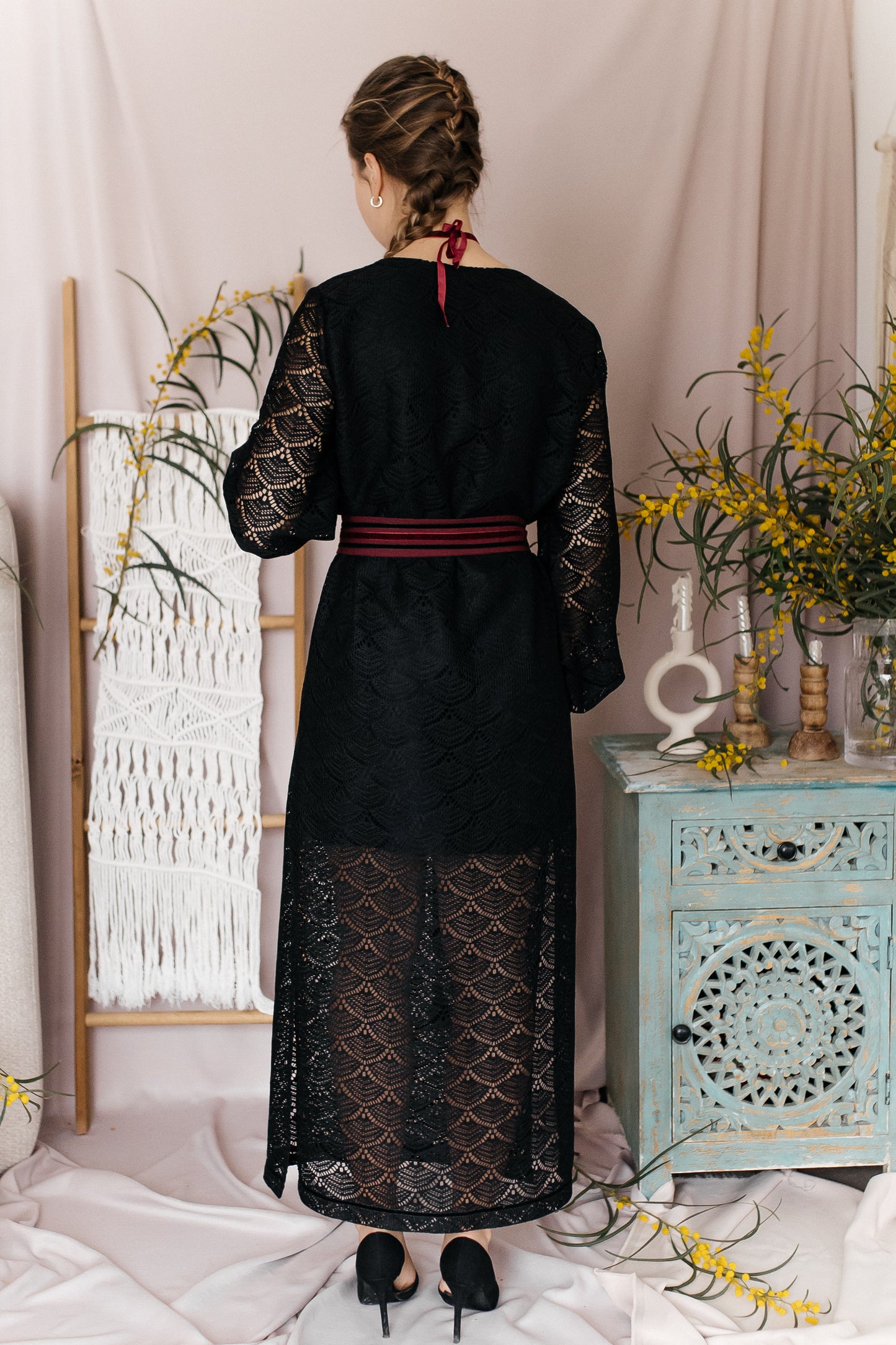 Black Maxi Dress “Lybid” in Textured Lace Fabric