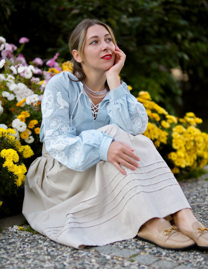 Drevo Mriy – Light Blue Blouse with White Embroidery “Family Tree” | Ukrainian Women’s Shirt
