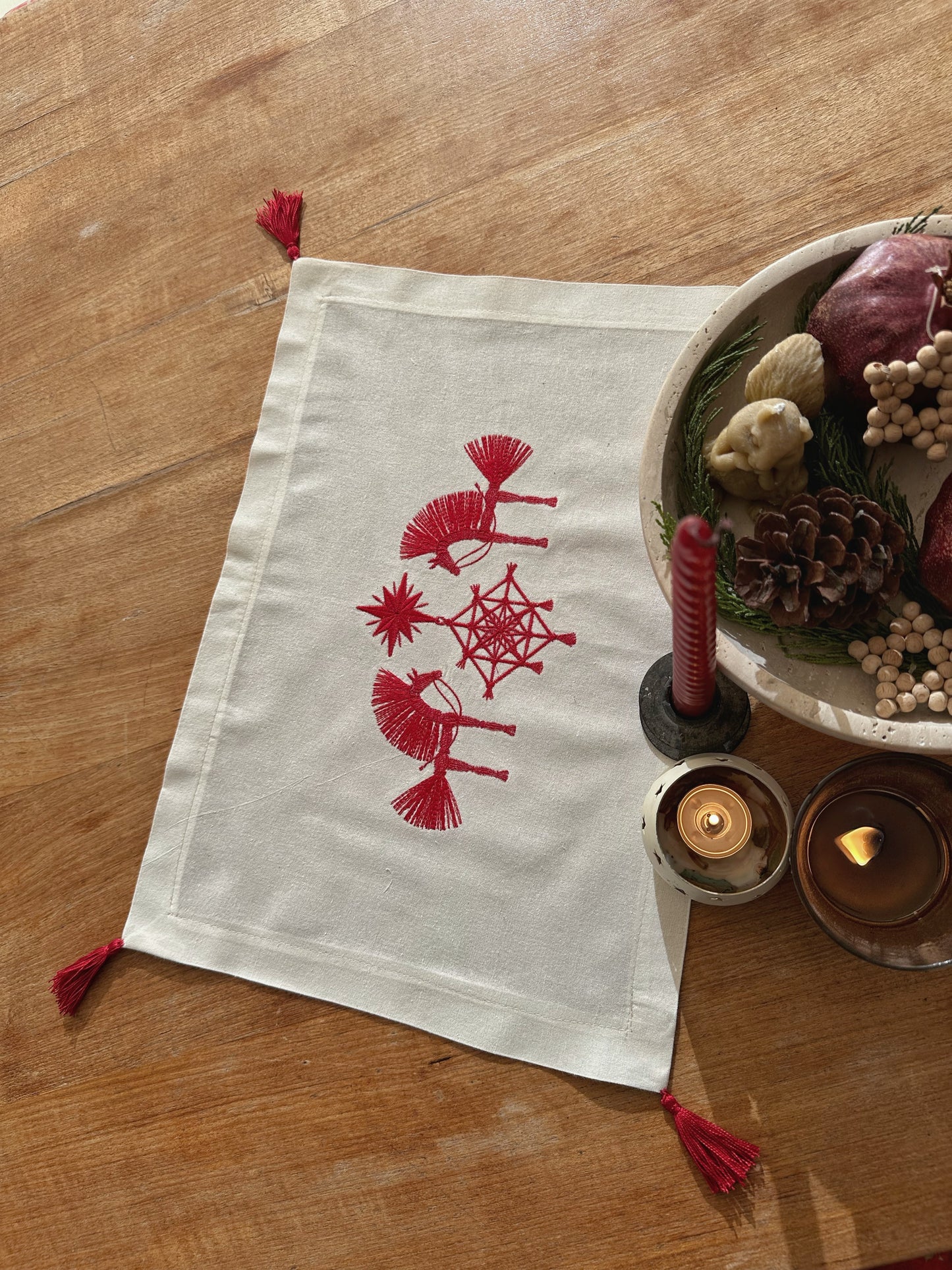 Christmas Horses Table Runner | Red Cotton Embroidery Napkin