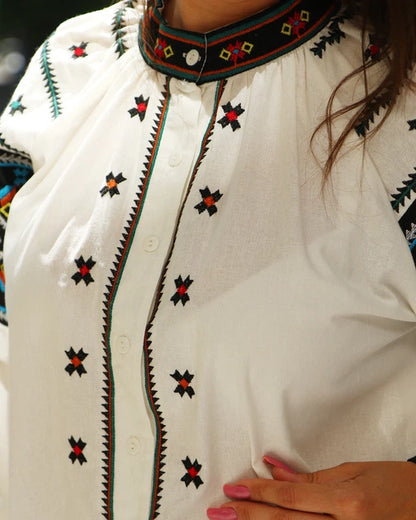 Orysia Button-Up Embroidered Blouse | White Blouse with Black Embroidered Panels | Goya Concept