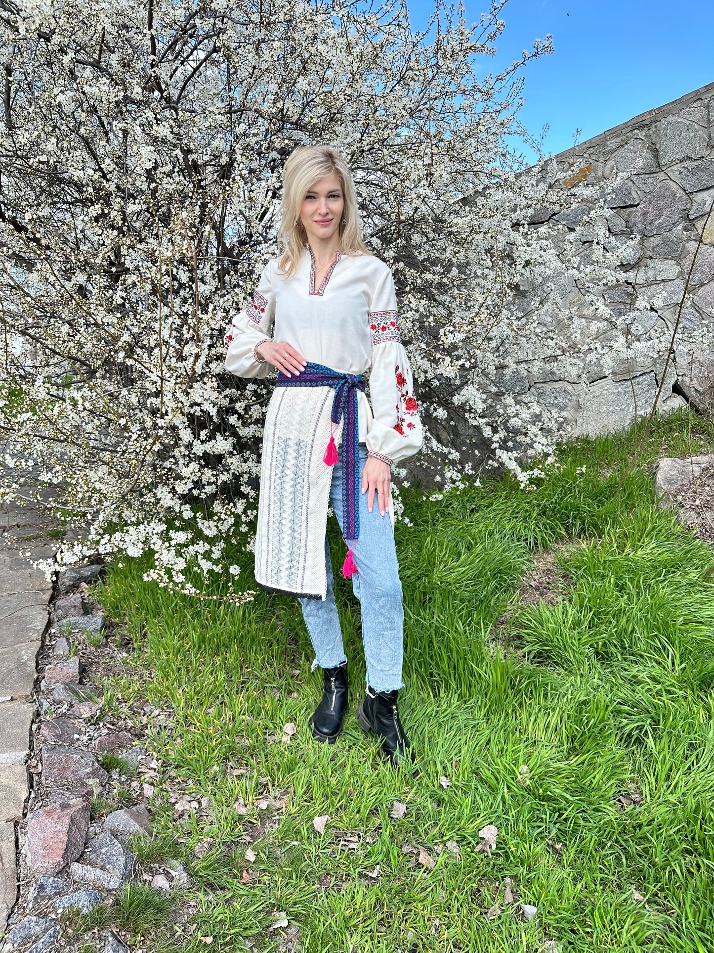 Blue Zorianytsia Woven Sash with Geometric Pattern and Pink Tassels