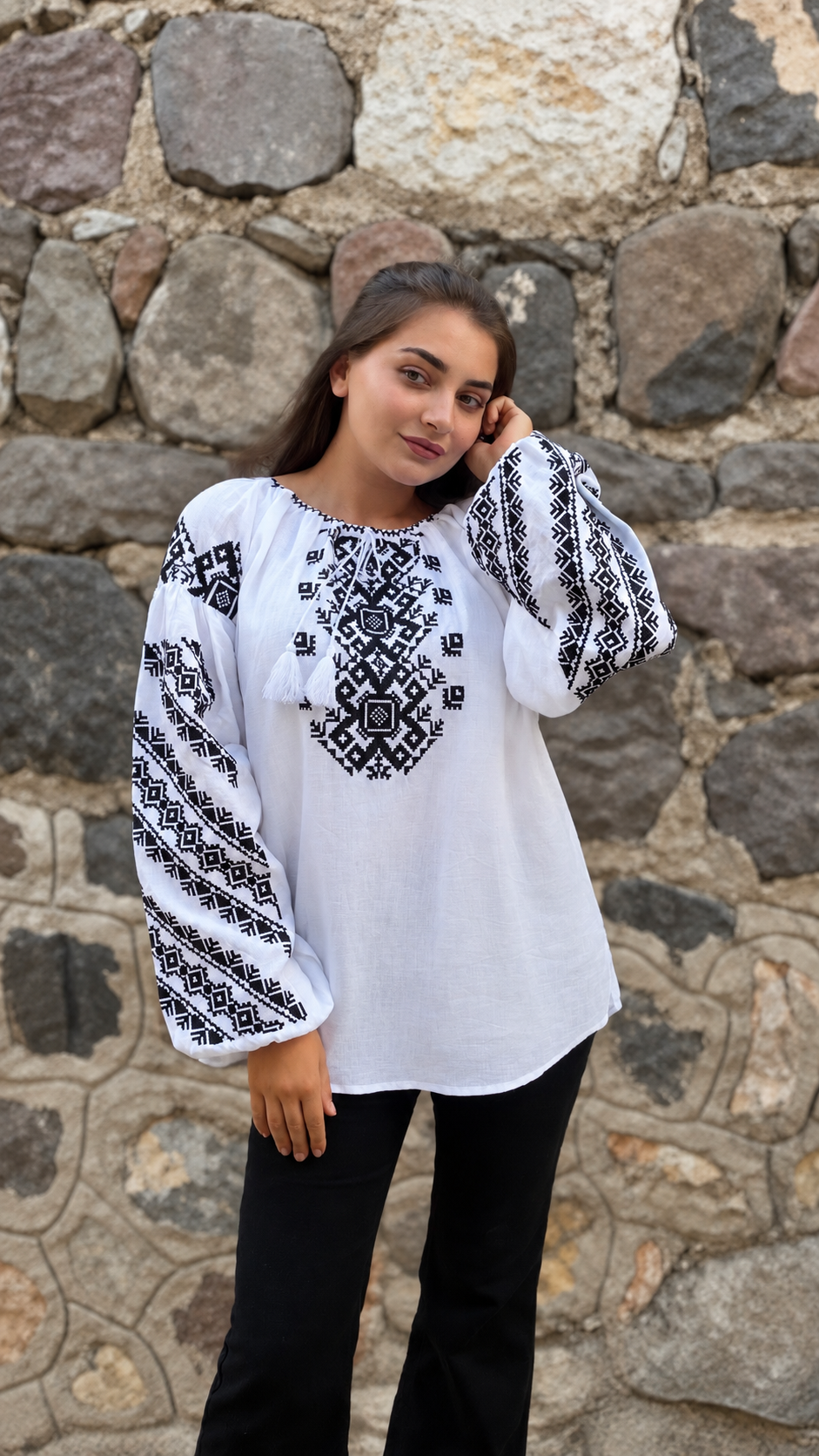 Bazhena Embroidered Linen Blouse — Black Geometric Embroidery