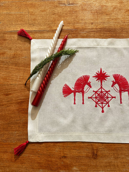 Christmas Horses Table Runner | Red Cotton Embroidery Napkin