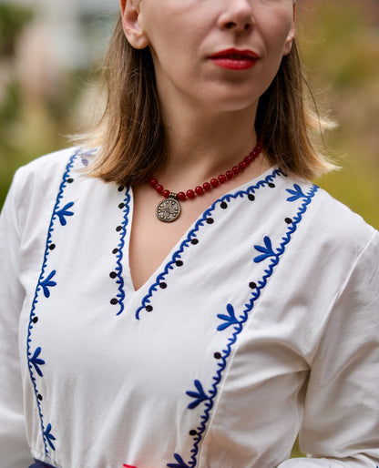 “Kolo Svitla” Necklace – Red Coral Necklace with Hutsul Cross Pendant | Ethnic Jewelry by Goya Concept