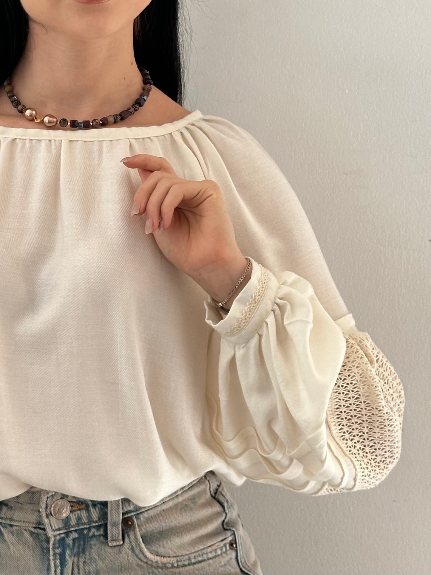 Merezhka Linen & Viscose Women’s Blouse with Lace Sleeves | Modern Ethnic Style