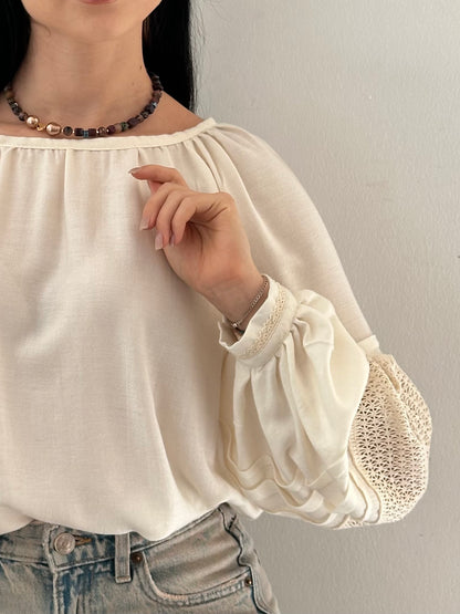Merezhka Linen & Viscose Women’s Blouse with Lace Sleeves | Modern Ethnic Style
