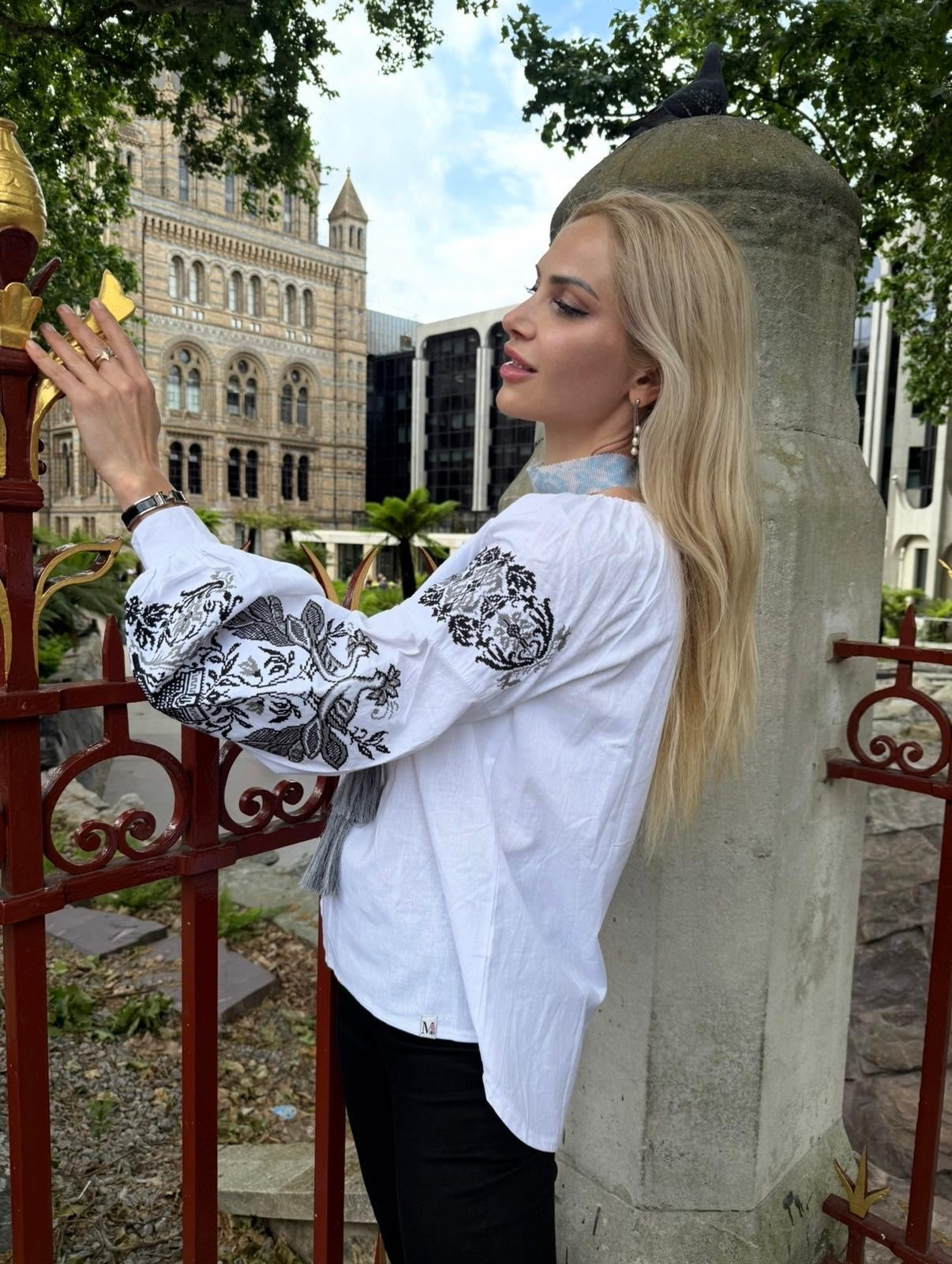 Modern Vyshyvanka “Firebird” – White Cotton Ukrainian Embroidered Shirt for Women