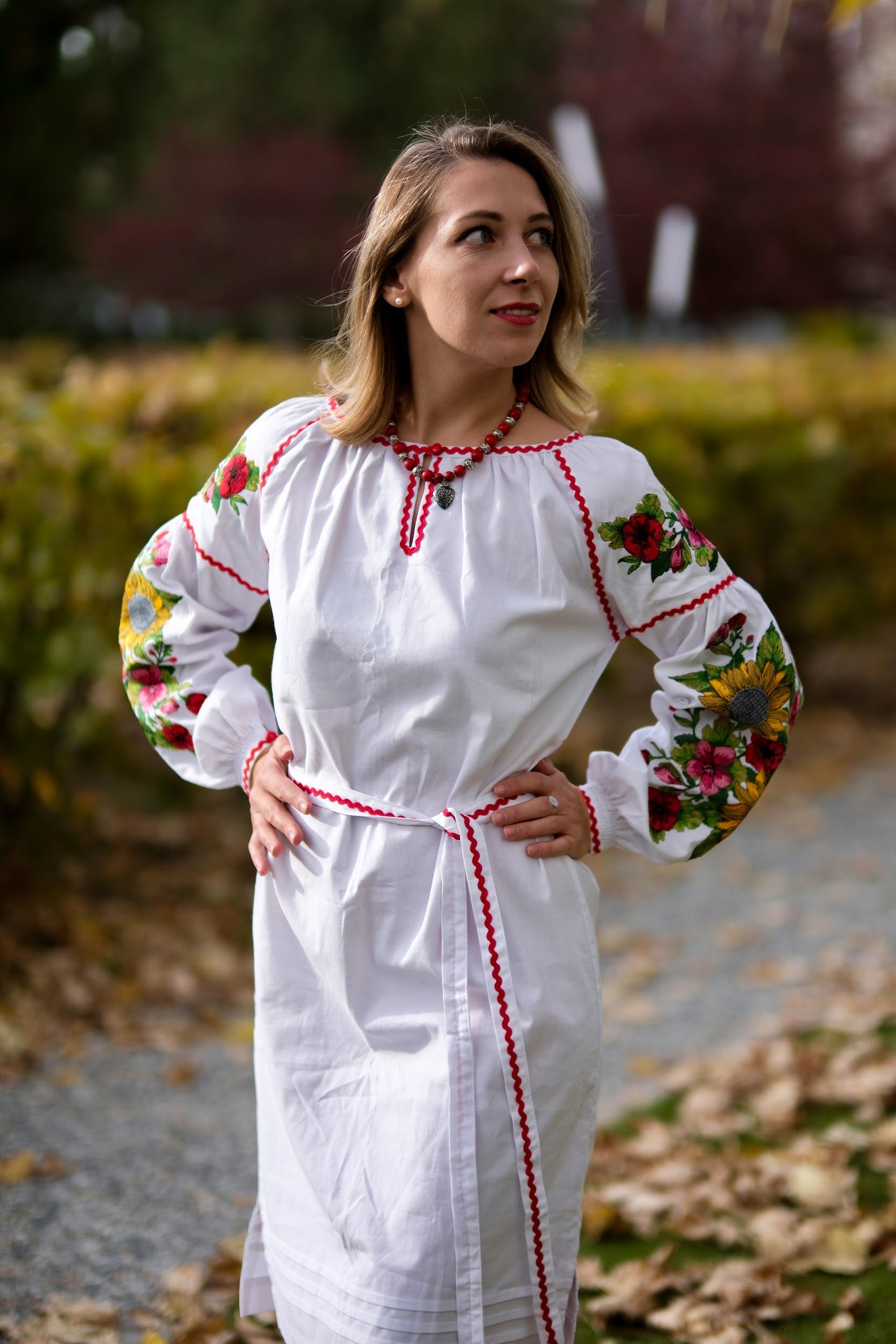 Svitlana – White Embroidered Dress with Sunflowers & Red Floral Sleeves | Ukrainian Cotton Dress