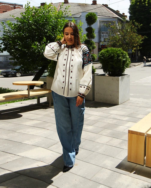 Orysia Button-Up Embroidered Blouse | White Blouse with Black Embroidered Panels | Goya Concept