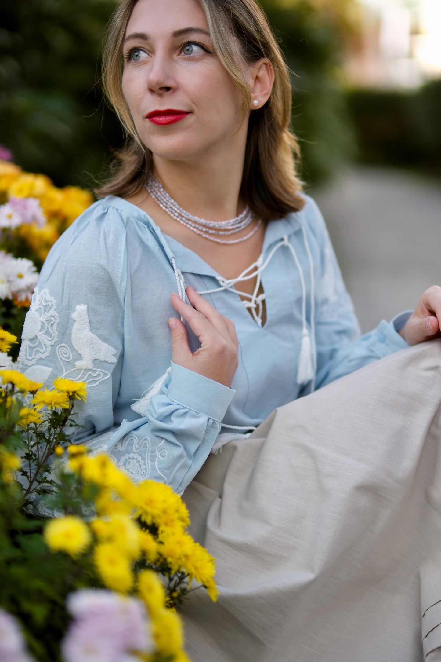 Drevo Mriy – Light Blue Blouse with White Embroidery “Family Tree” | Ukrainian Women’s Shirt