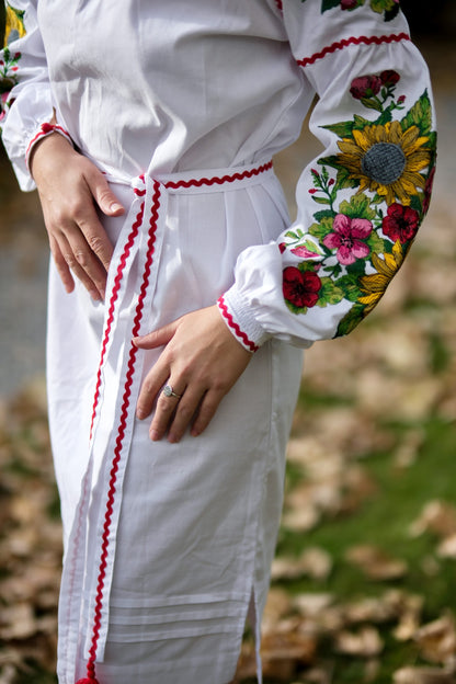 Svitlana – White Embroidered Dress with Sunflowers & Red Floral Sleeves | Ukrainian Cotton Dress