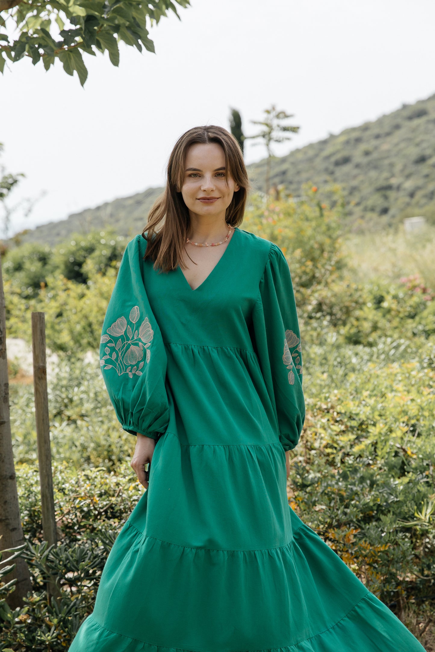 Flora Emerald Dress — embroidered oversized silhouette dress