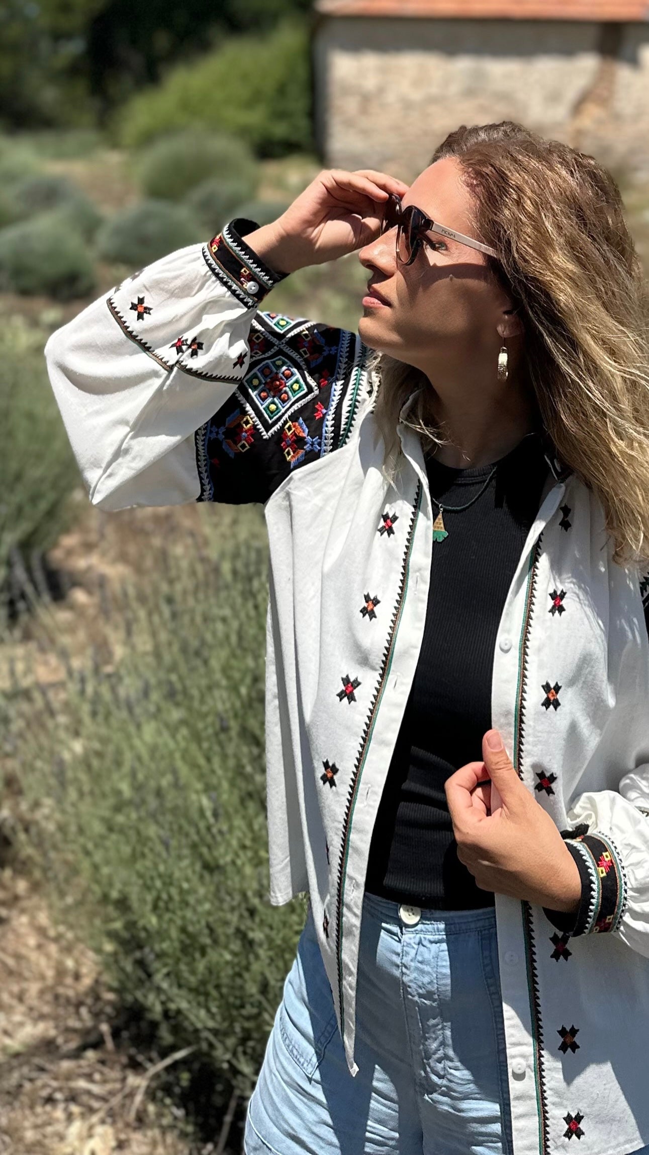 Orysia Button-Up Embroidered Blouse | White Blouse with Black Embroidered Panels | Goya Concept