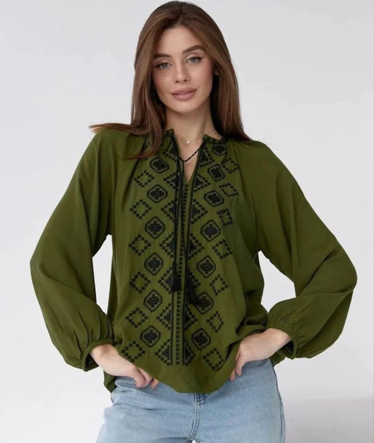 Myroslava Khaki Blouse with Black Geometric Embroidery