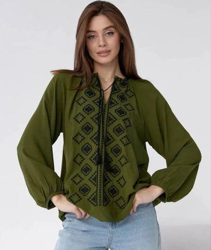 Myroslava Khaki Blouse with Black Geometric Embroidery