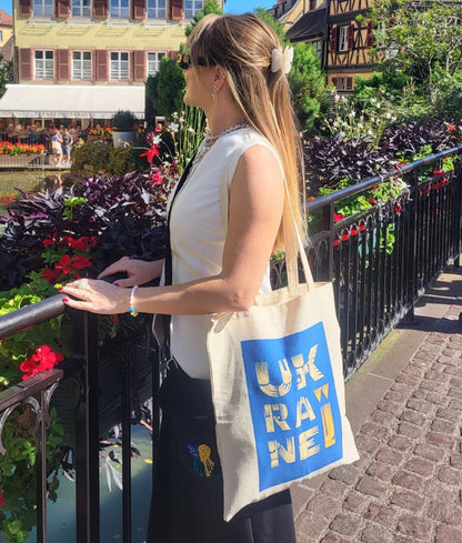 Ukraine Denim Tote Bag in Ecru | Canvas Shopper with Long Handles