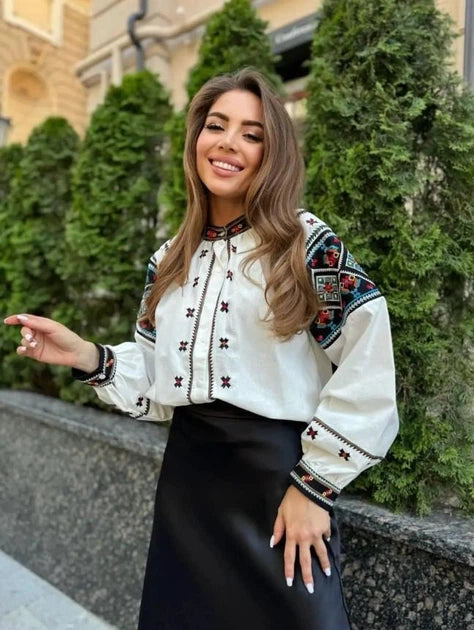 Orysia Button-Up Embroidered Blouse | White Blouse with Black Embroidered Panels | Goya Concept