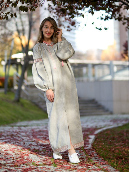 Gentle Dawn Boho Linen Dress in Sage Grey | Long Linen Dress with Lace Details