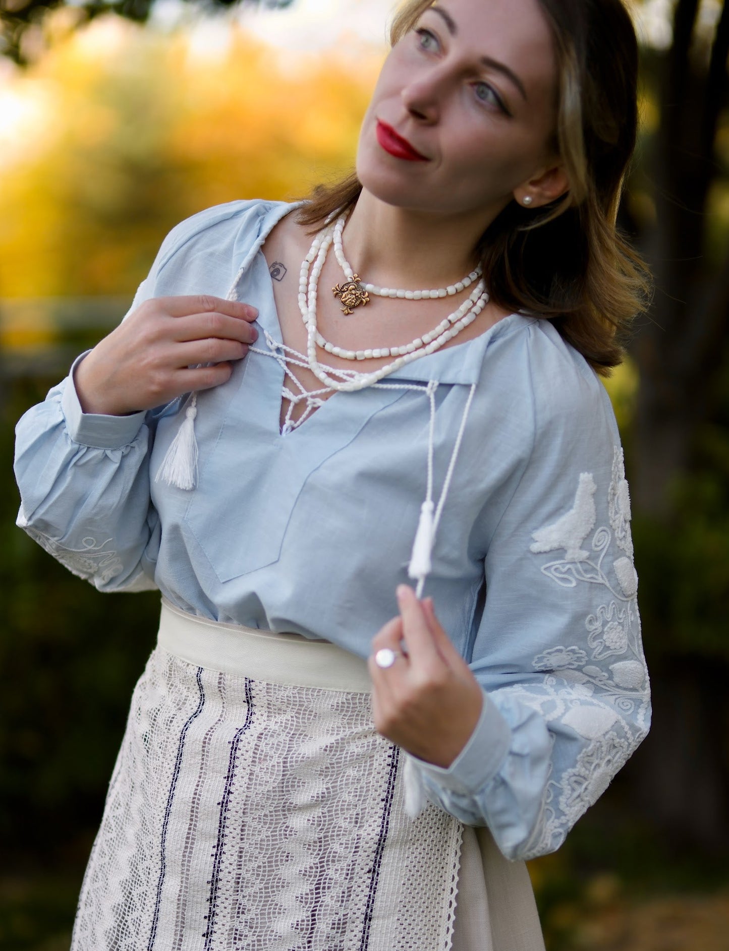 Drevo Mriy – Light Blue Blouse with White Embroidery “Family Tree” | Ukrainian Women’s Shirt