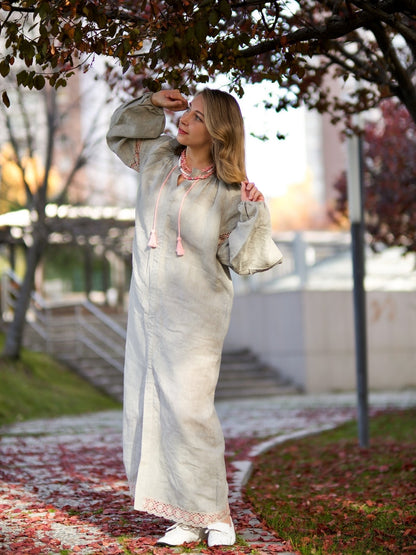 Gentle Dawn Boho Linen Dress in Sage Grey | Long Linen Dress with Lace Details