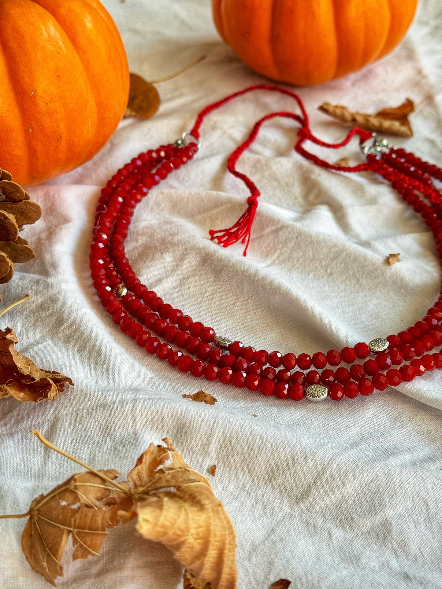 Garnet Symphony Necklace – Three-Strand Deep Red Crystal Bead Necklace | Ethnic Jewelry by Goya Concept