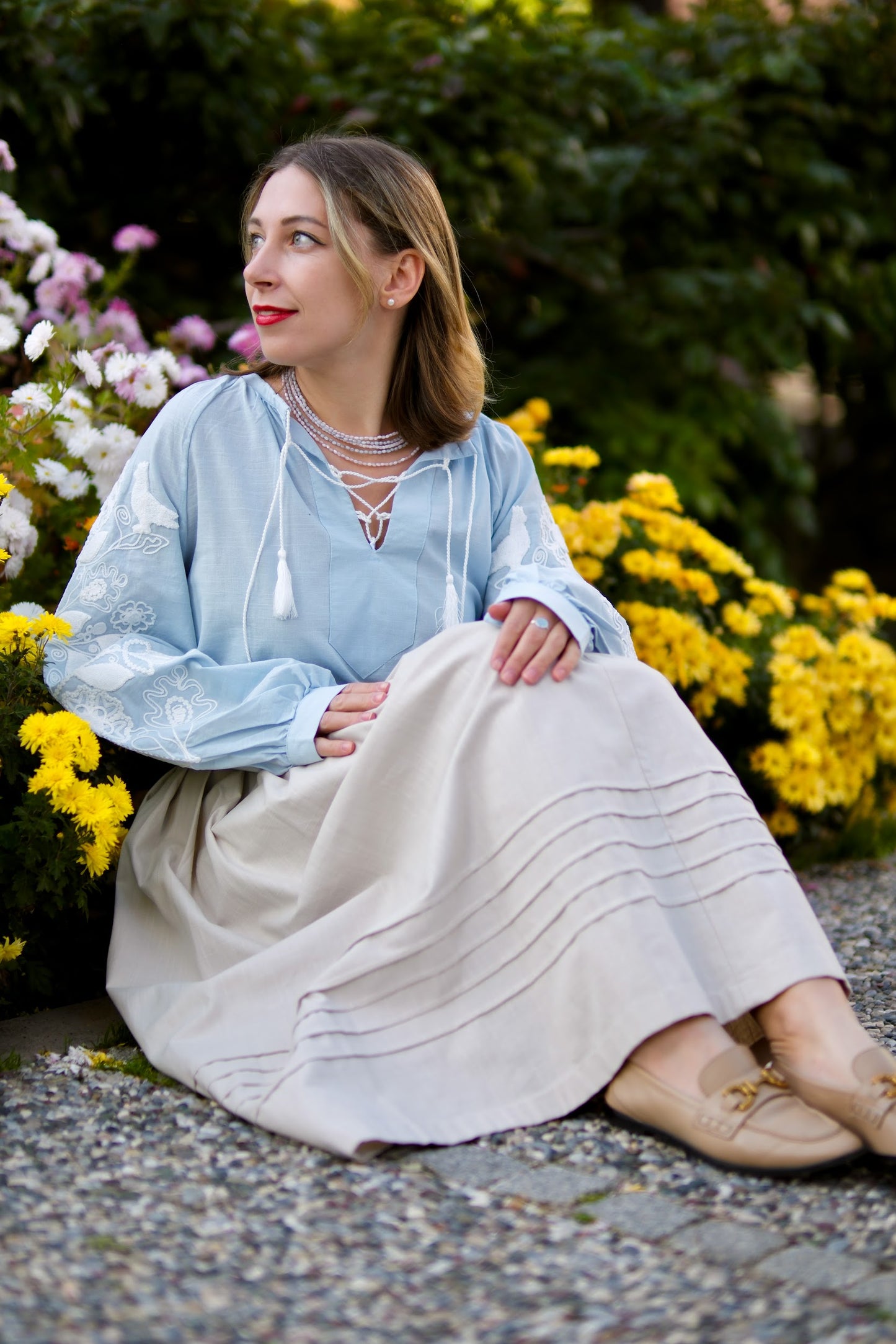 Drevo Mriy – Light Blue Blouse with White Embroidery “Family Tree” | Ukrainian Women’s Shirt