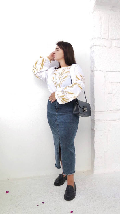 Women’s Cotton Plus Size Vyshyvanka with Wheat Embroidery “Nyva”