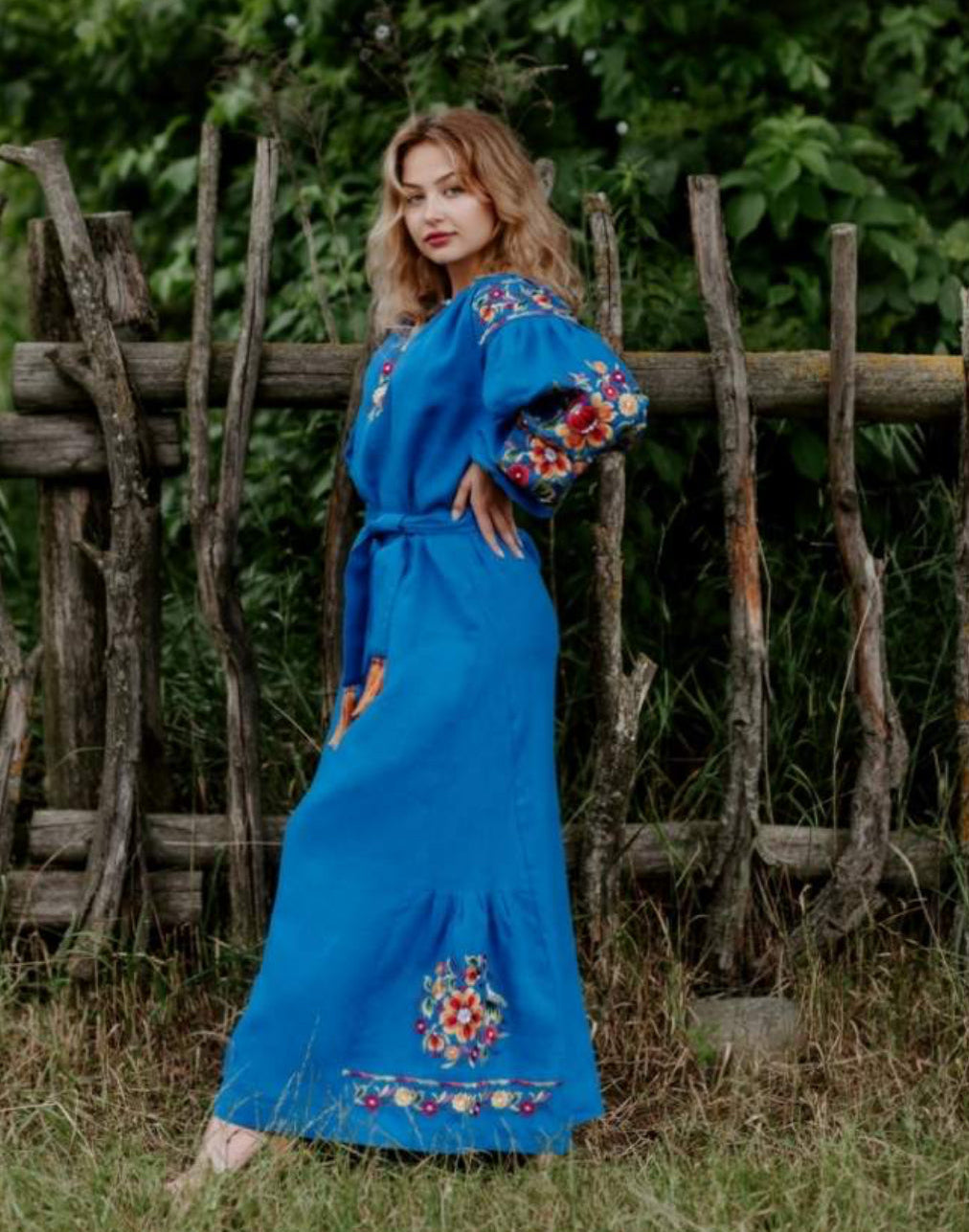 Petrykivska Muse | Blue Embroidered Linen Maxi Dress