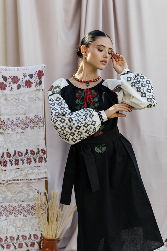Chorna Ruzha Black Embroidered Midi Dress with Roses