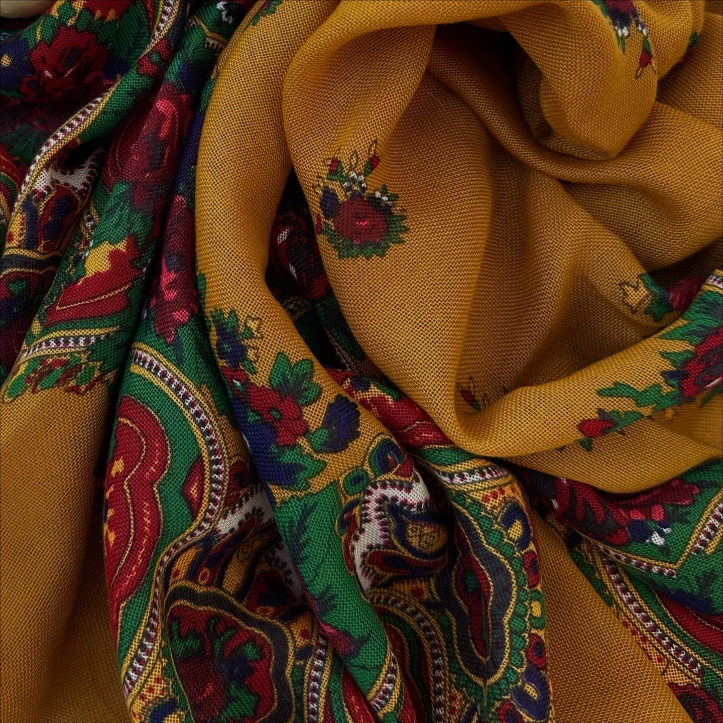 Scarf “Saffron” – Mustard Floral Square Scarf with Fringe 90×90 cm | Goya Concept