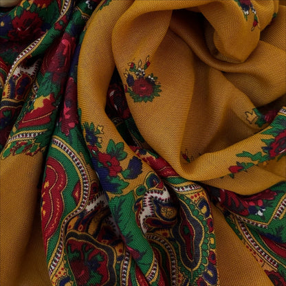 Scarf “Saffron” – Mustard Floral Square Scarf with Fringe 90×90 cm | Goya Concept