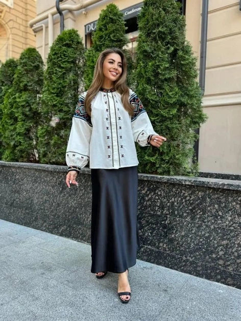 Orysia Button-Up Embroidered Blouse | White Blouse with Black Embroidered Panels | Goya Concept