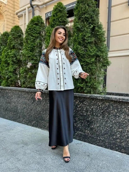 Orysia Button-Up Embroidered Blouse | White Blouse with Black Embroidered Panels | Goya Concept
