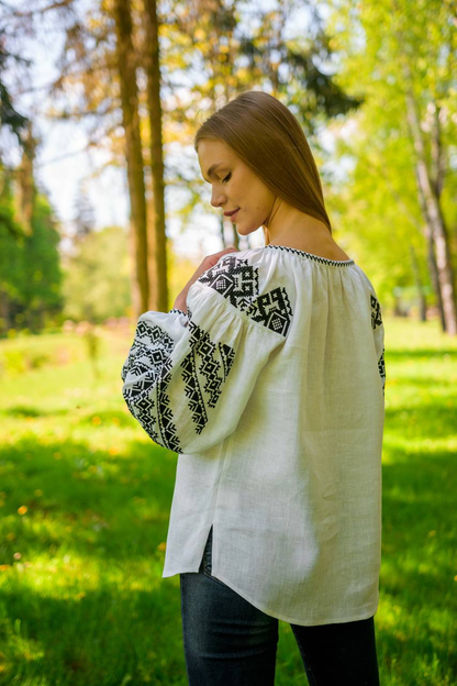 Bazhena Embroidered Linen Blouse — Black Geometric Embroidery