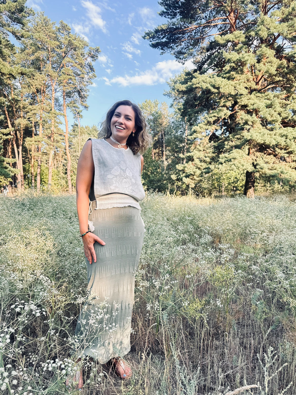 Women’s Sage Embroidered Linen Side-Tie Top “Bouquet” | Ukrainian Style Vest