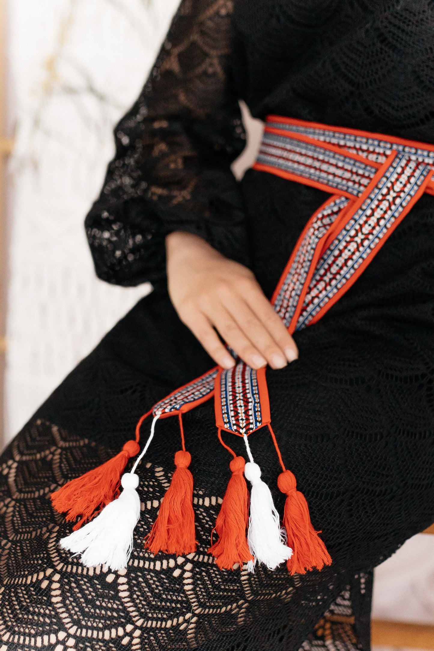 Sash Belt “Red Weave” — Ethnic Waist Belt with Woven Ribbon and Handmade Tassels