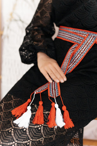 Sash Belt “Red Weave” — Ethnic Waist Belt with Woven Ribbon and Handmade Tassels
