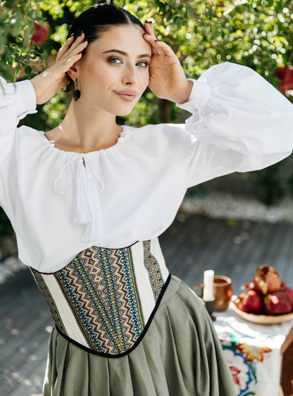 Двостороння жакардова корсетна стрічка "Бурштиновий ліс" – етнічний аксесуар для талії з льону