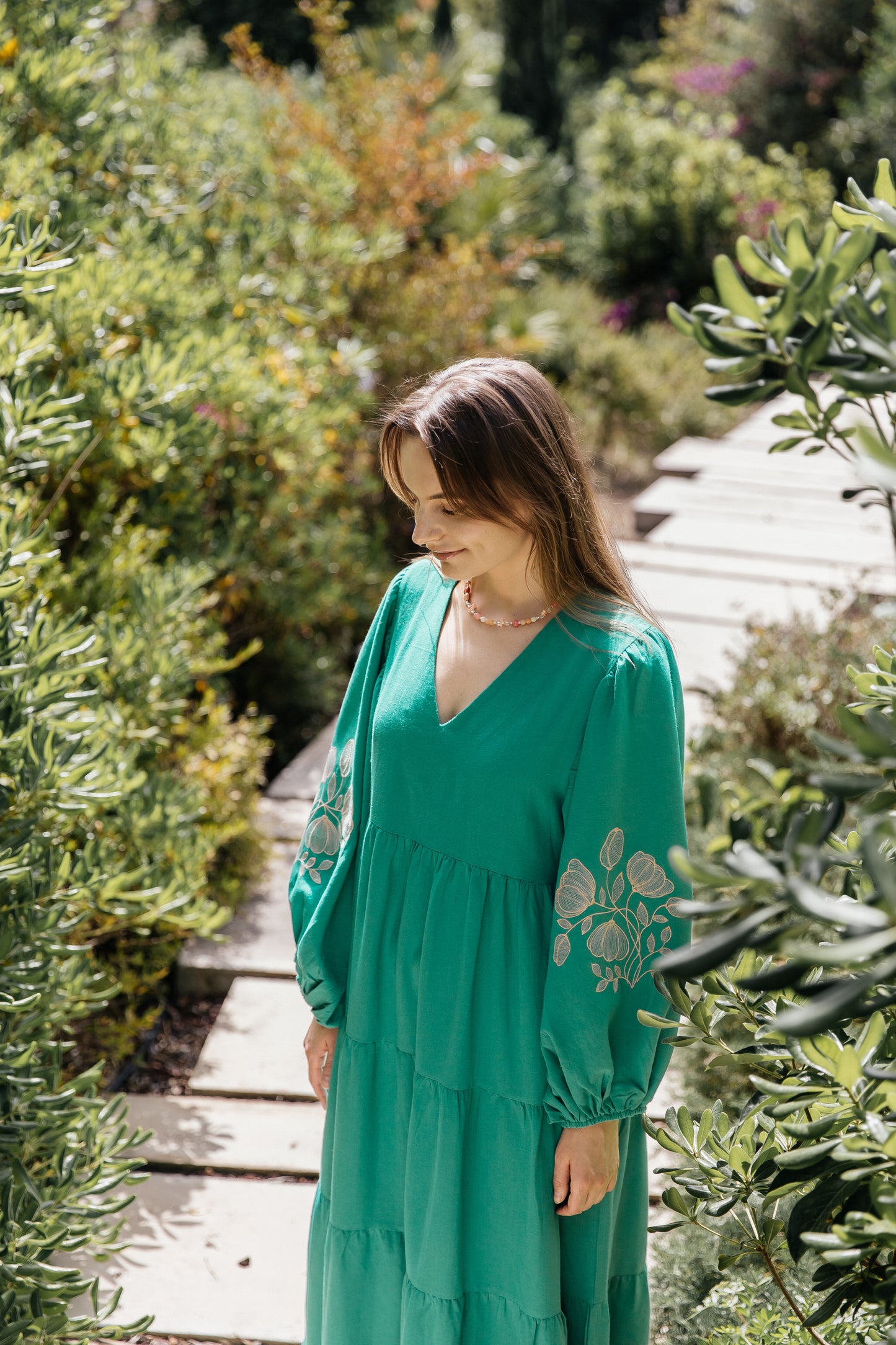 Flora Emerald Dress — embroidered oversized silhouette dress