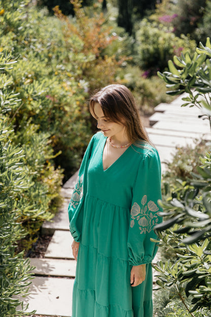 Flora Emerald Dress — embroidered oversized silhouette dress