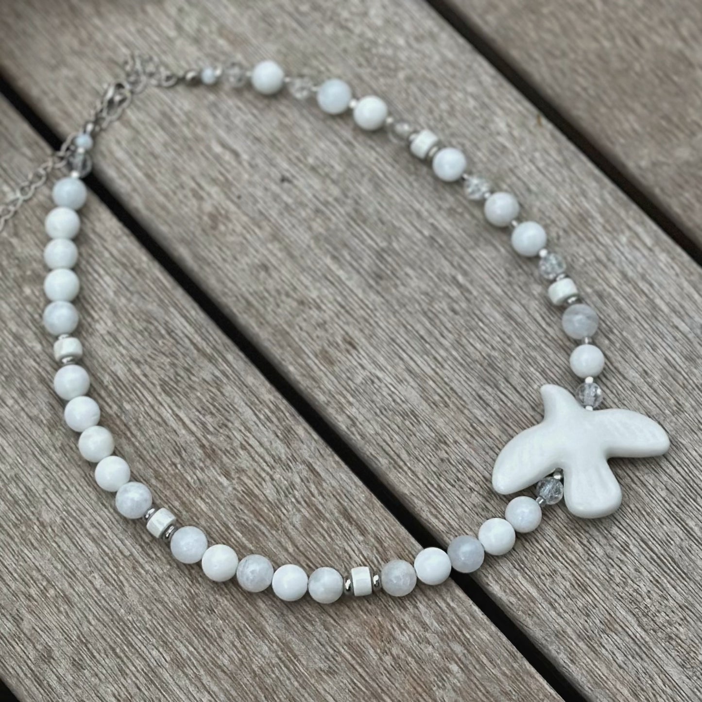 White Choker with Dove “On Wings” — Pearl and Quartz Necklace
