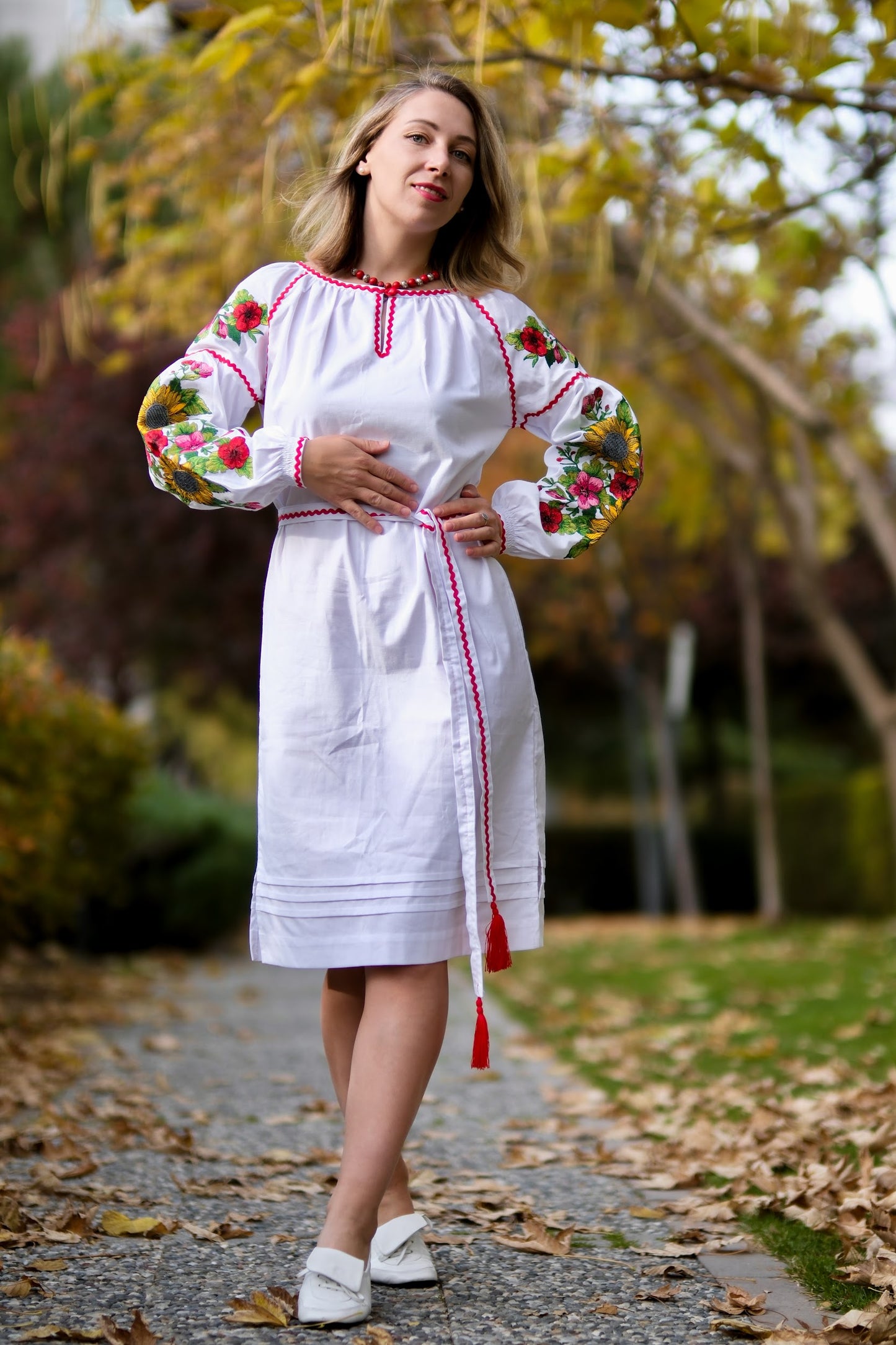 Svitlana – White Embroidered Dress with Sunflowers & Red Floral Sleeves | Ukrainian Cotton Dress