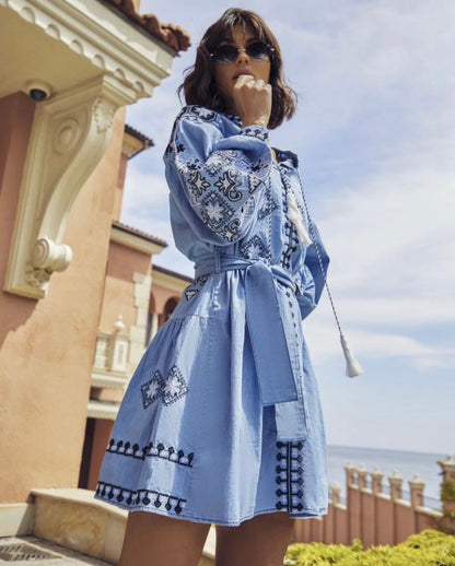 Blue Denim Dress with Dark Blue Embroidery