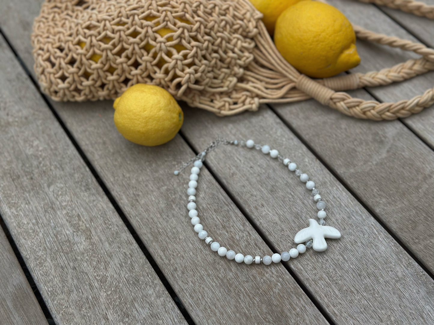 White Choker with Dove “On Wings” — Pearl and Quartz Necklace