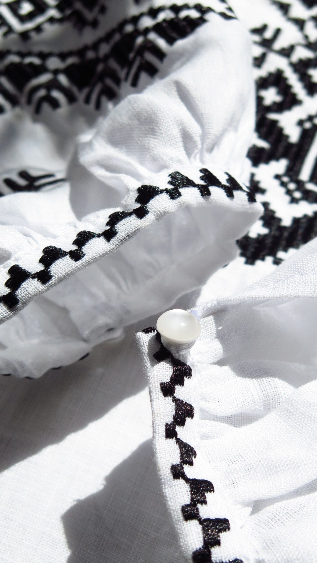 Bazhena Embroidered Linen Blouse — Black Geometric Embroidery