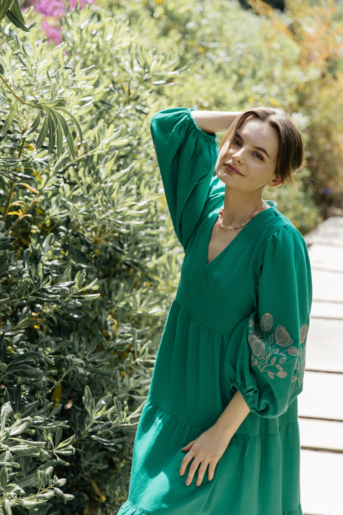 Flora Emerald Dress — embroidered oversized silhouette dress