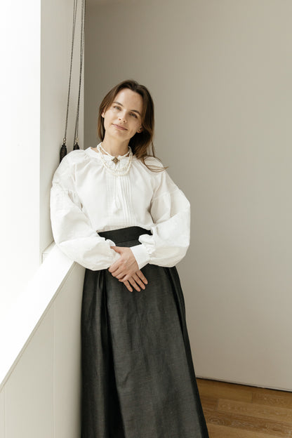 White Embroidered Blouse “Lileya” with Voluminous Sleeves and Vertical Pleated Panel