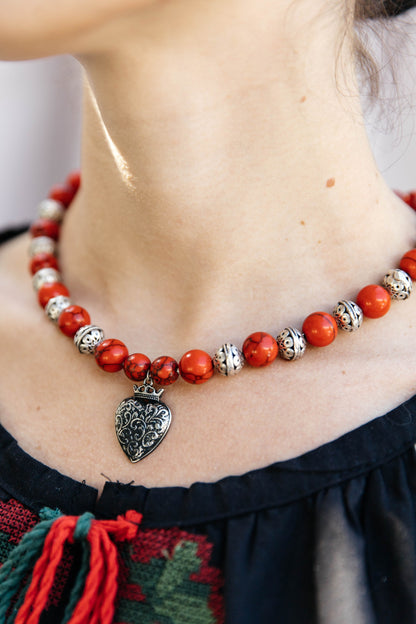 Heart of Heritage – Red Howlite Beaded Necklace with Silver Dukach Pendant | Goya Concept Jewelry